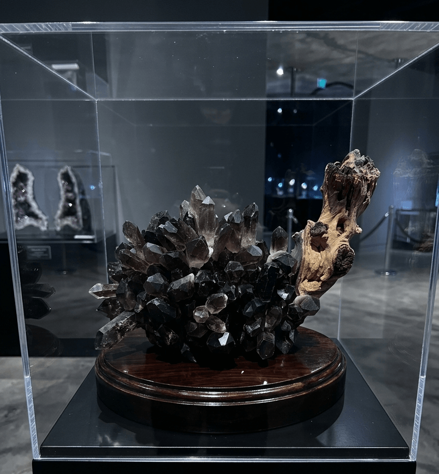 Black crystal cluster with a piece of wood on a wooden base, displayed in a glass case at a museum.