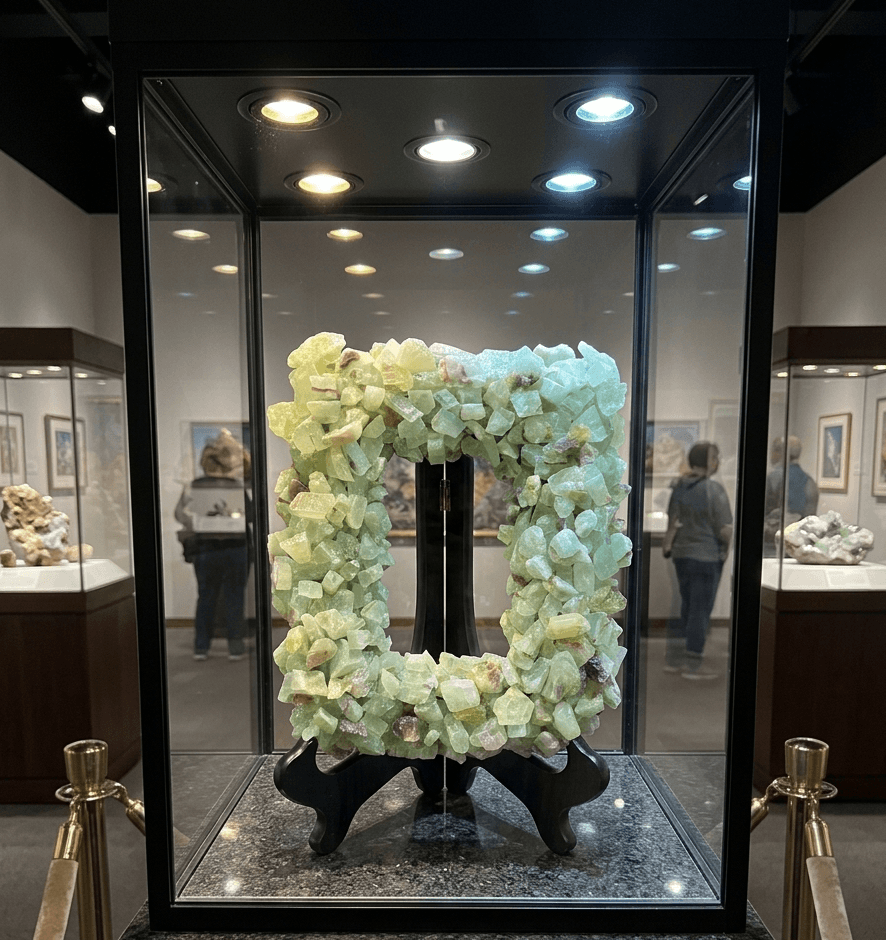 A green crystal frame on a black stand inside a glass display case in a museum.