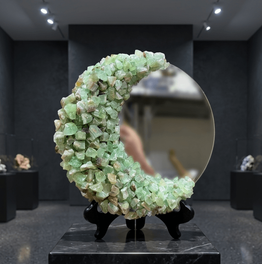 A decorative sculpture of a crescent moon made from small green gemstones, mounted on a black stand, with a round mirror attached behind it, displayed in a modern gallery setting.