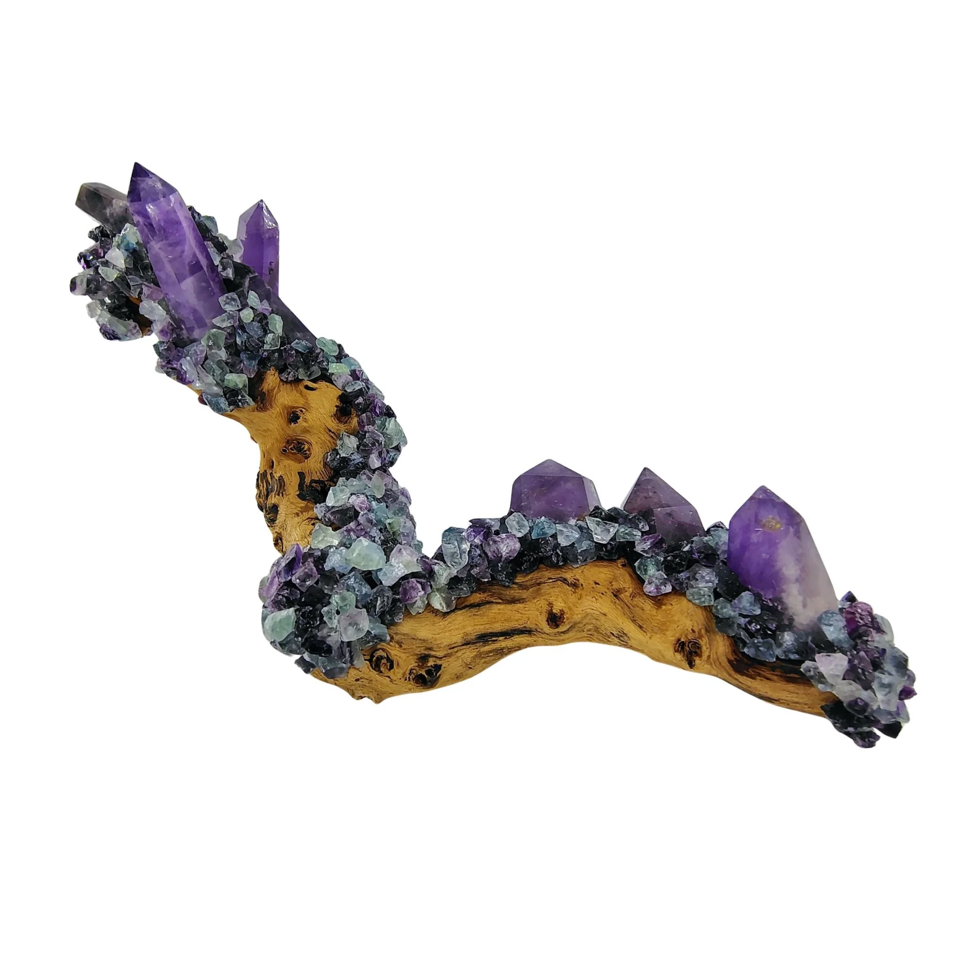 Amethyst Points, Rainbow Fluorite on Mopani Wood Base