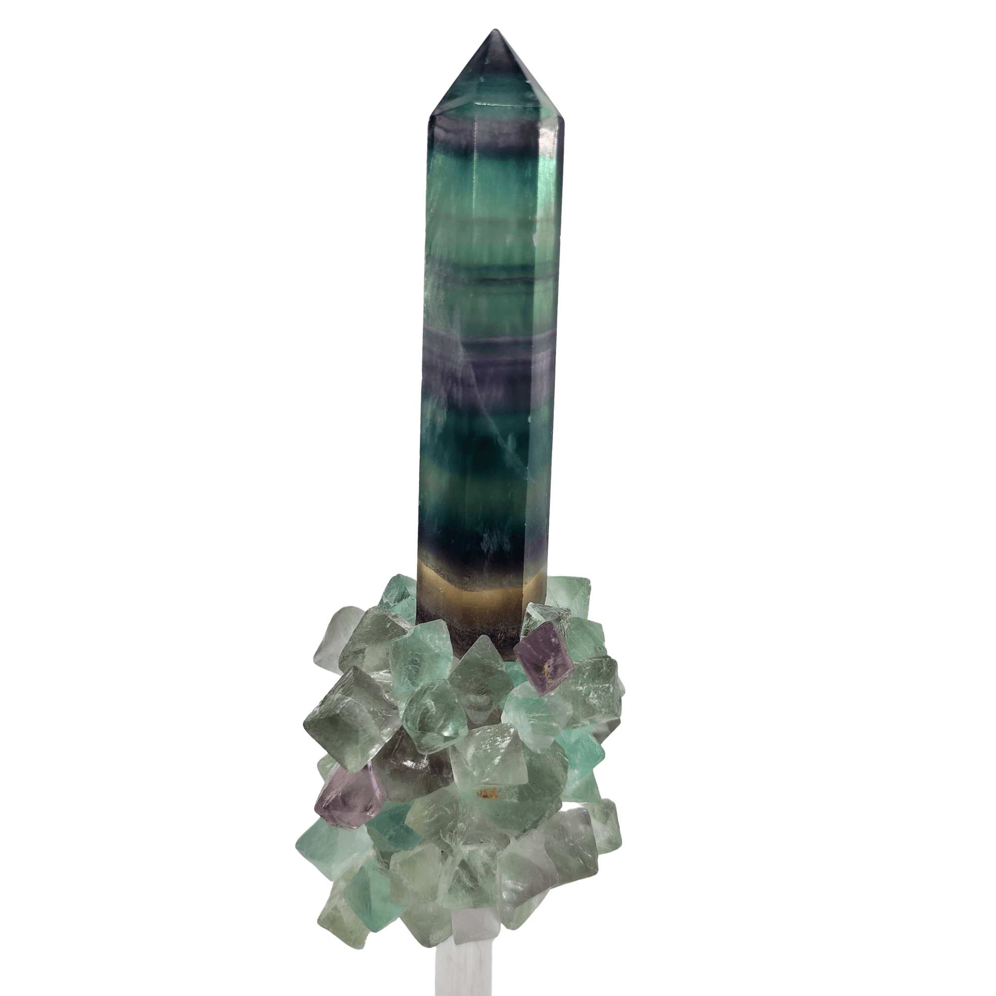 Selenite Wand with Rainbow Fluorite Point