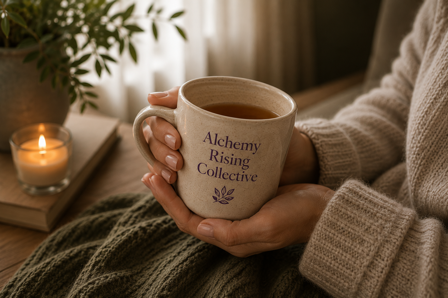 Person holding a beige mug with 'Alchemy Rising Collective' written on it, sitting near a lit candle, with potted plant and books on a wooden surface in a cozy setting.