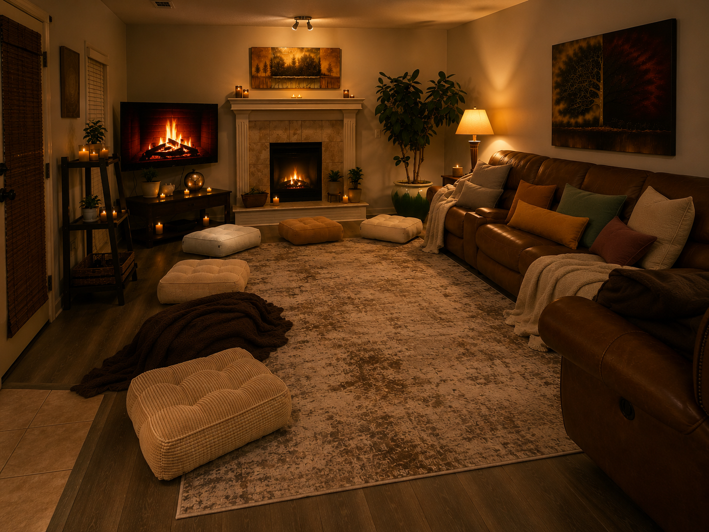 Comfortable group space with floor seating, soft lighting, and a calming atmosphere for nervous system awareness and community gatherings.