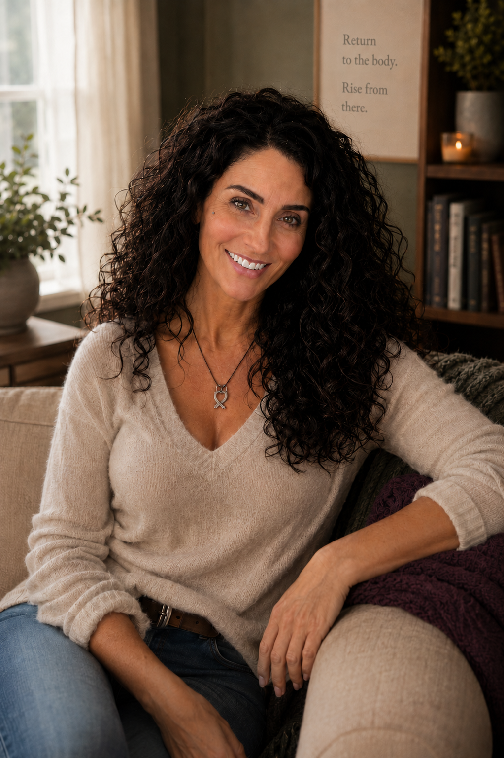 A woman with curly, dark brown hair smiling and sitting on a beige couch in a cozy room with a window, bookshelf, and framed text on the wall.