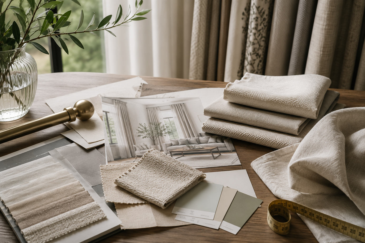 A wooden table displaying fabric samples, a color palette, a photograph of a living room with beige curtains and a sofa, a tape measure, and a potted plant with green leaves in a glass vase.