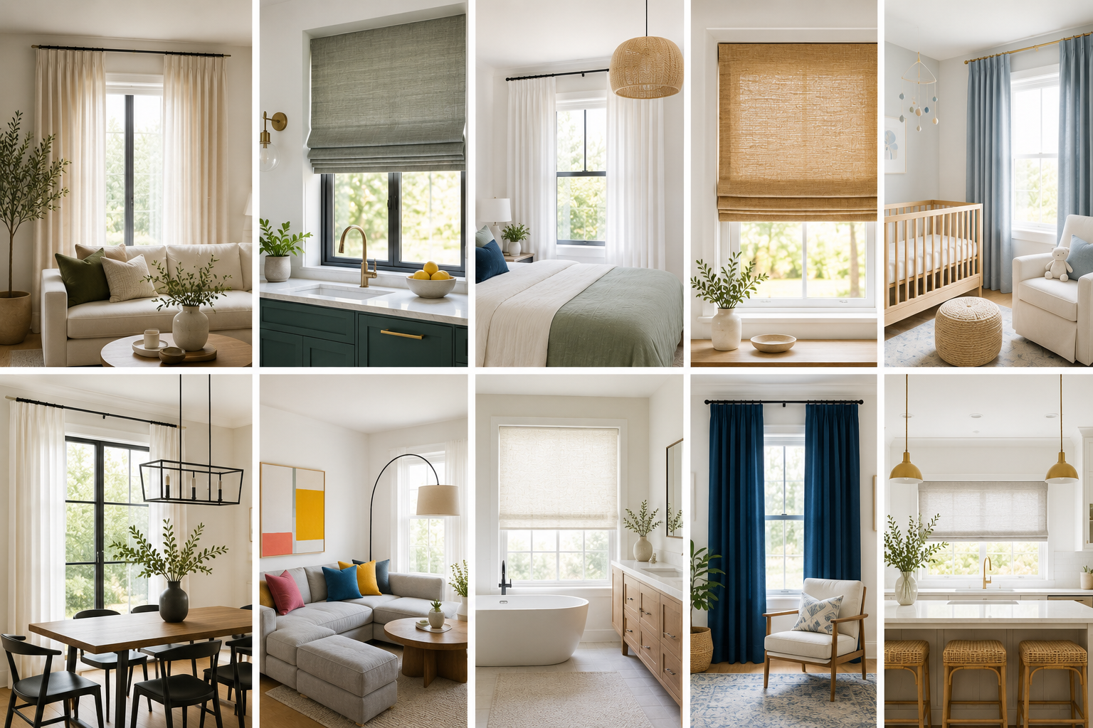 Collage of various rooms featuring window treatments including curtains, blinds, and Roman shades in different styles, colors, and settings.