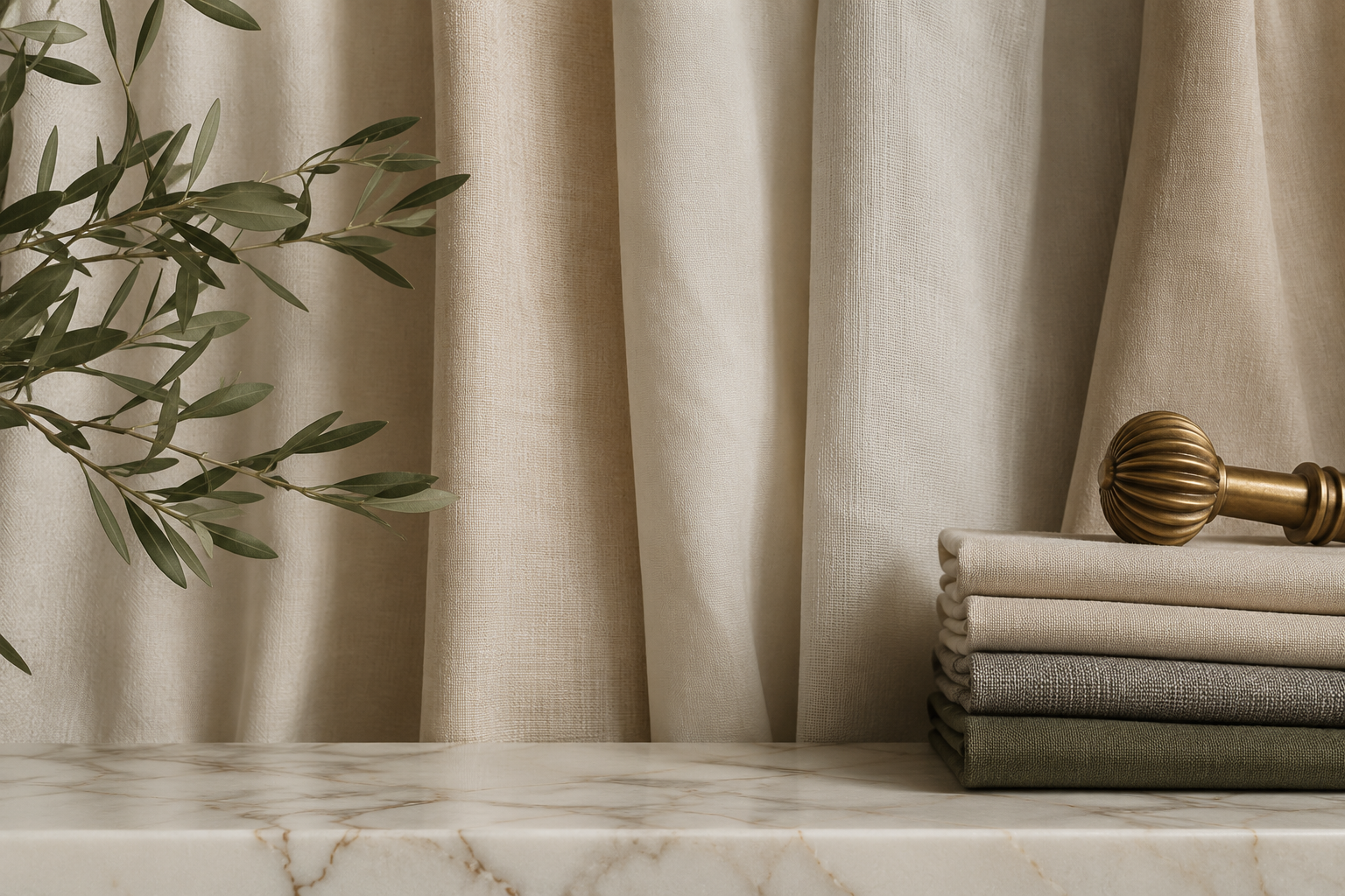 Stacked fabric swatches in neutral colors on a marble surface with a decorative bronze curtain rod and a leafy green plant in the background.