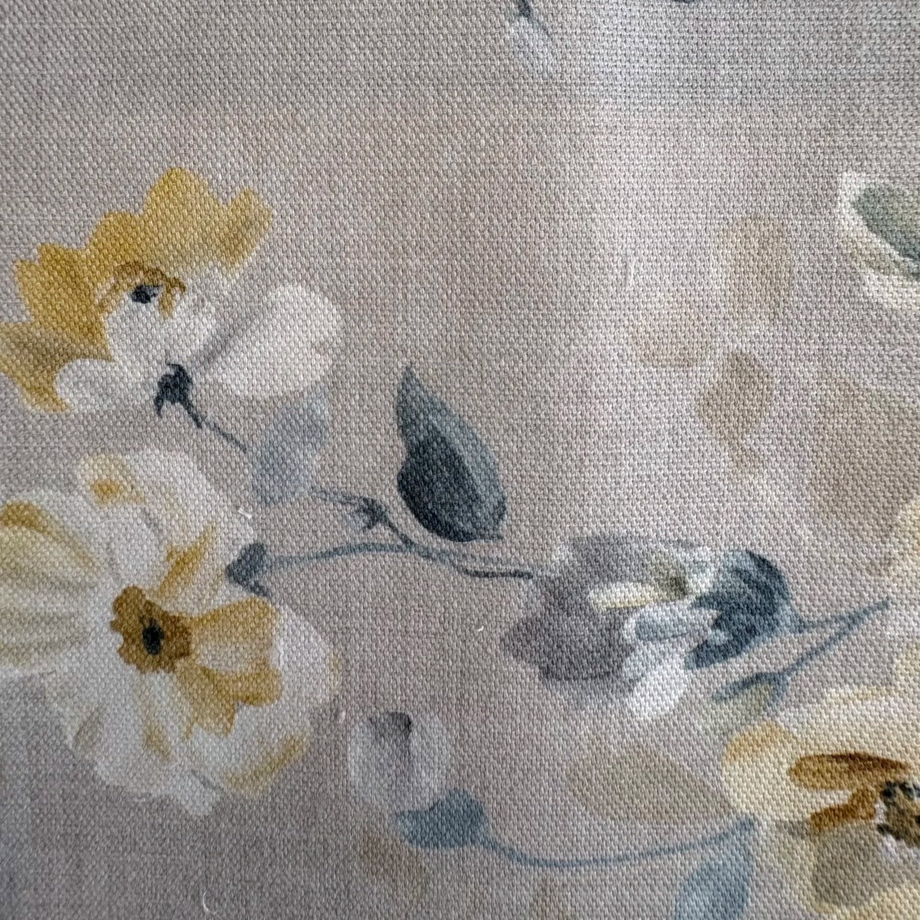Delicate floral fabric with soft blue, ivory and golden accents. Ideal for custom curtains, Roman shades and children's rooms throughout the Main Line.
