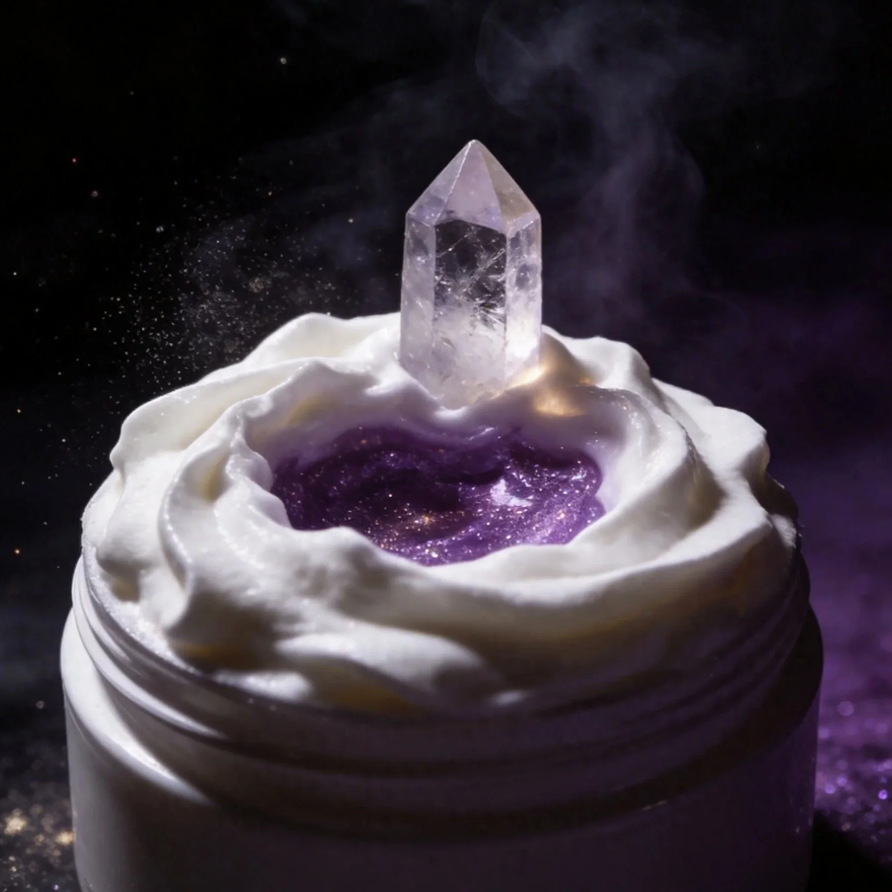 A clear quartz crystal sitting on top of a white, fluffy whipped cream or frosting in a jar. The background is dark with purple and black hues, and there is a purple glow reflecting off the frosting.