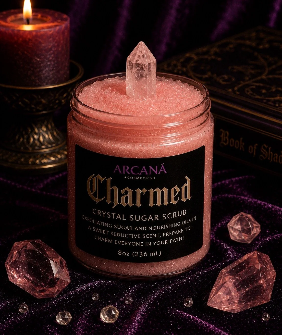 A pink jar of ARCANÉ Charmerd crystal sugar scrub with a crystal on top, surrounded by pink and clear crystals on a purple velvet surface, with a lit purple candle in the background.