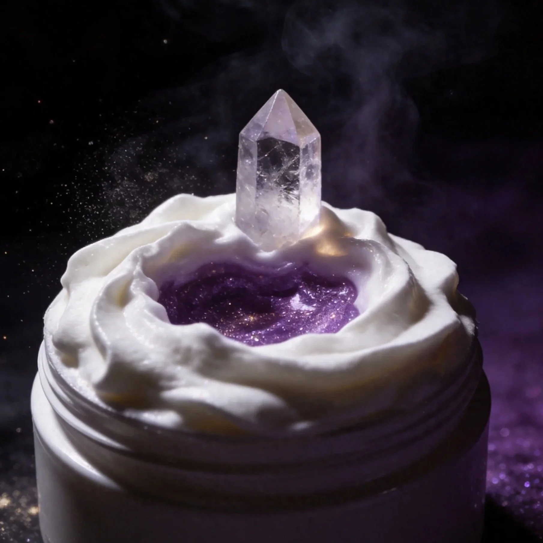 A clear quartz crystal with a pointed tip is placed on a bed of white whipped cream, with purple syrup beneath, inside a small jar. Smoke or vapor swirls around the crystal against a black background.