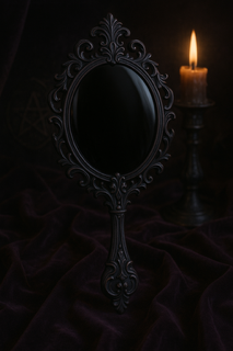 Ornate black mirror with candle in background on dark surface