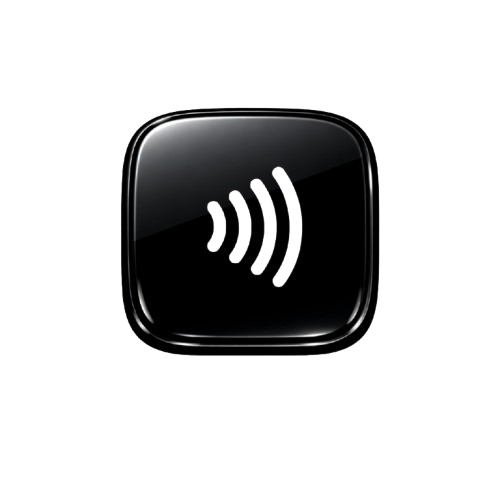 Close-up of a black square button with a contactless payment symbol, indicating contactless payment.
