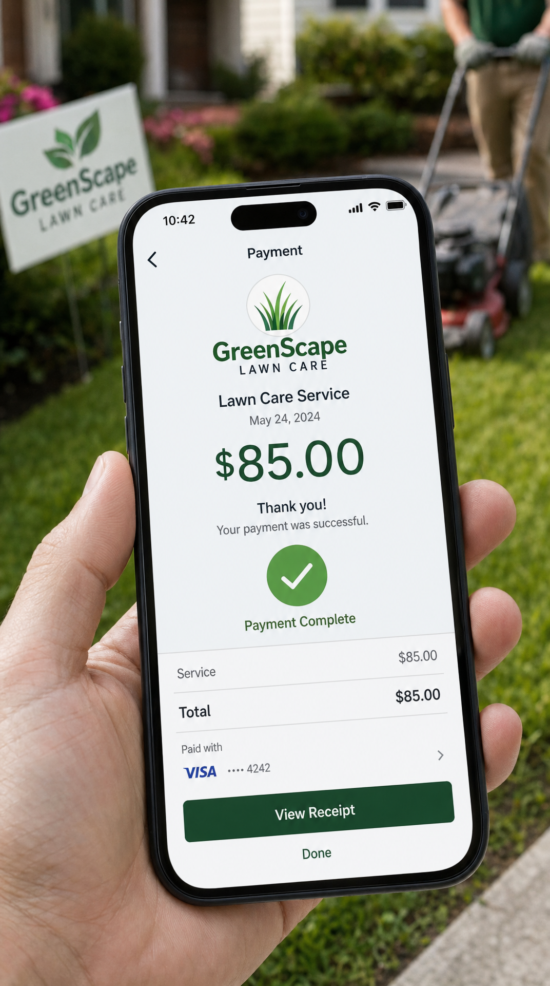 Close-up of a person holding a smartphone displaying a successful payment for lawn care service at GreenScape Lawn Care, with lawn and gardener in background.