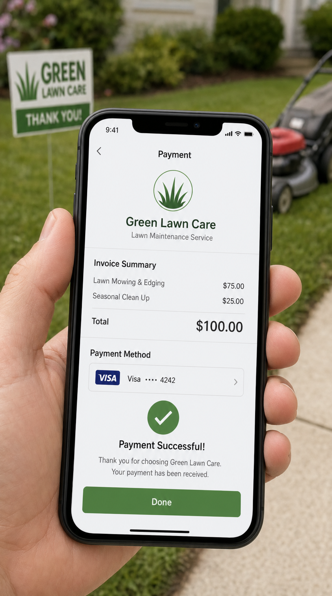 Smartphone screen displaying a payment confirmation for Green Lawn Care with a green logo, payment details, and a green checkmark indicating success, held outdoors with a lawn mower and a sign reading 'Green Lawn Care, Thank You!' in the background.