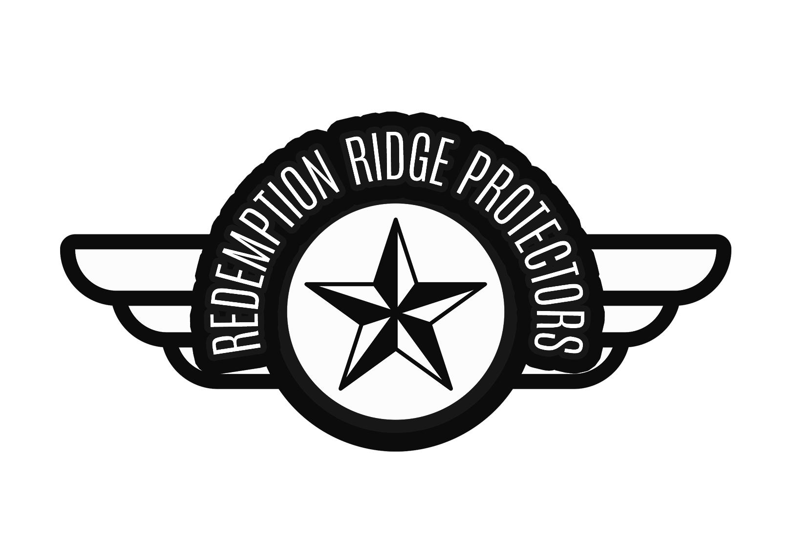 Logo of the Redemption Ridge Protection Organization featuring a black star within a circle, wings extending from both sides, and the organization name curving around the star.