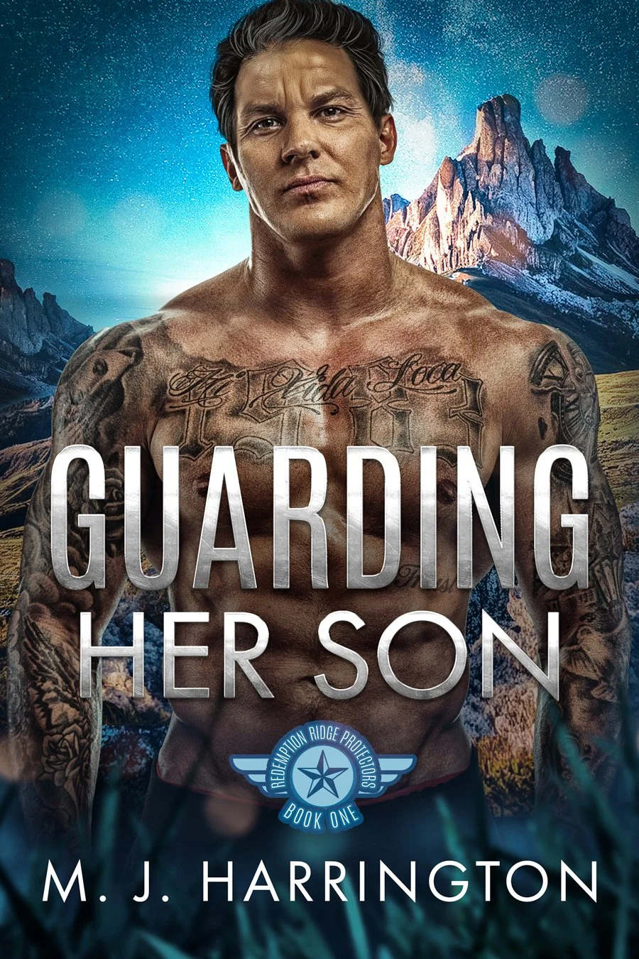 The book cover features a shirtless man with tattoos on his shoulders and chest, standing against a mountainous landscape background. The title "Guarding Her Son" and the author's name "M. J. Harrington" are prominently displayed, with a badge-like symbol indicating it is Book One of Redemption Ridge Protectors.