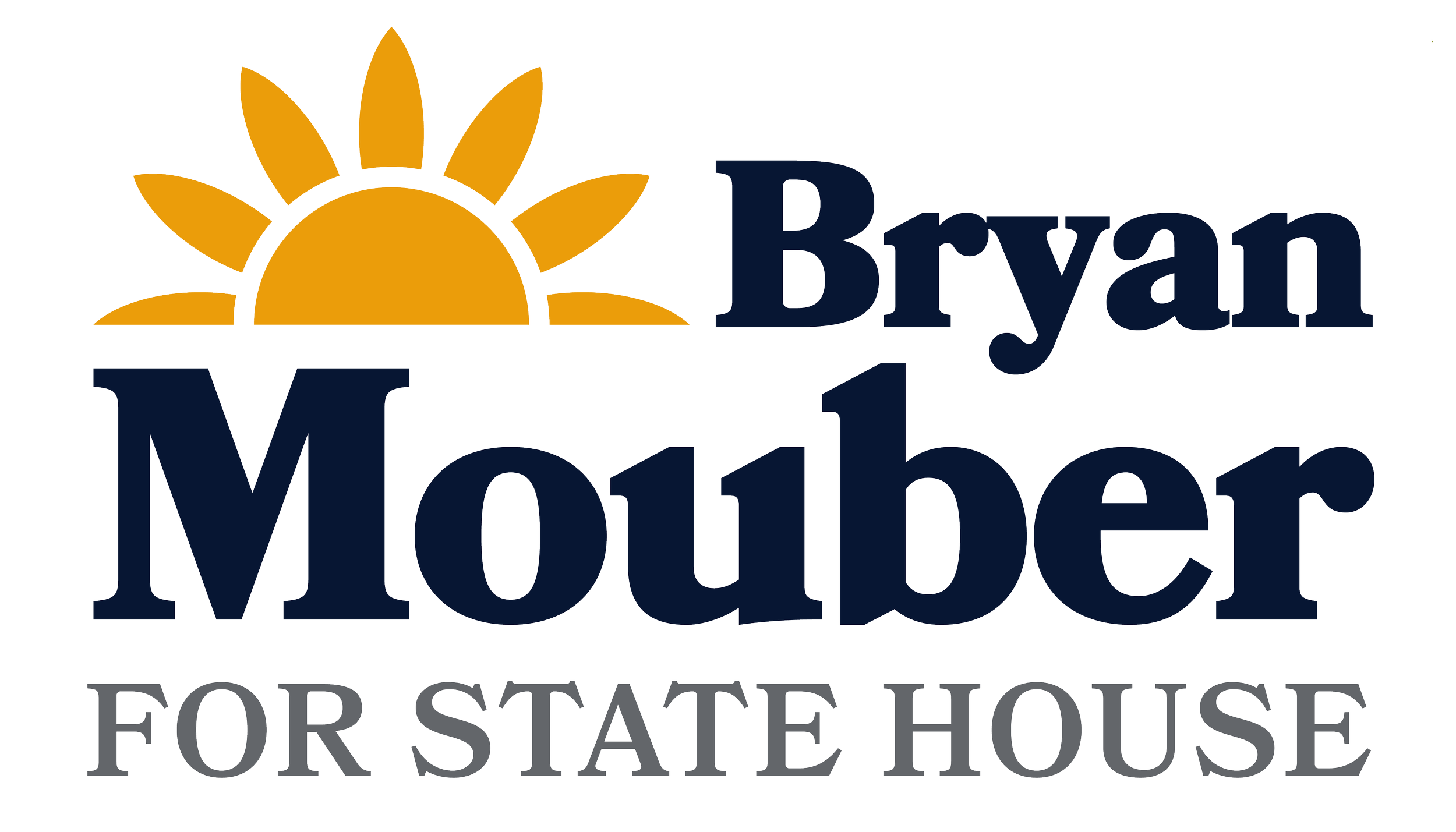 Logo featuring an orange sun with rays and the text "Bryan Mouser for State House" in navy blue and gray.