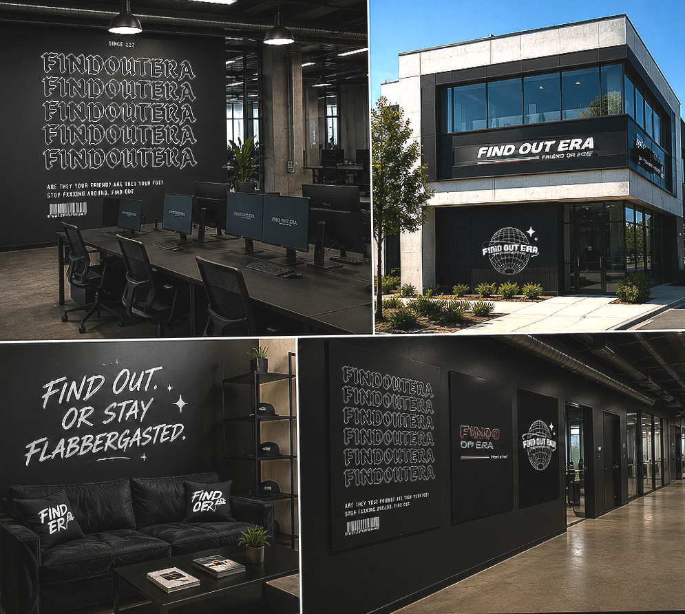 Collage of images showcasing the Find Out Era store and office. The interior features black walls with the store's name 'FINDOUTERA' repeated multiple times, a slogan 'ARE THEY YOUR FRIEND OR ARE THEY YOUR Foe? STOP F**KING AROUND, FIND OUT,' and a seating area with pillows and shelves. The exterior shows a modern building with large glass windows, a sign displaying the store's name, and a logo of a globe with the words 'FIND OUT ERA'.