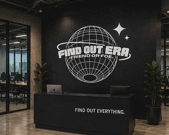 Reception desk with logo reading "FIND OUT ERA" and the slogan "FRIEND OR FOE?" on a black wall, featuring a globe graphic and stars, and plants flanking the desk.