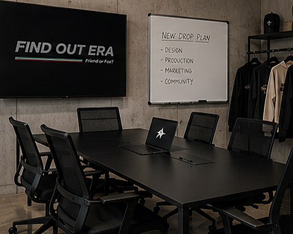 A conference room with a large black table surrounded by black mesh office chairs, a laptop in the center of the table, a wall-mounted monitor displaying the text 'FIND OUT ERA, friend or foe?', a whiteboard with a new drop plan, and a coat rack with clothing hanging on it.