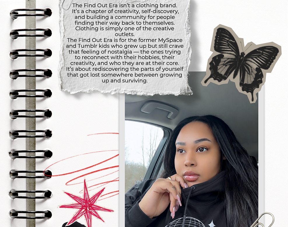 A young woman with long black hair sitting in a car, resting her hand on her chin, wearing a black hoodie. Behind her is a torn piece of paper with printed text, and a butterfly sticker is affixed to the wall next to the paper. The background shows a window with a view of trees outside.