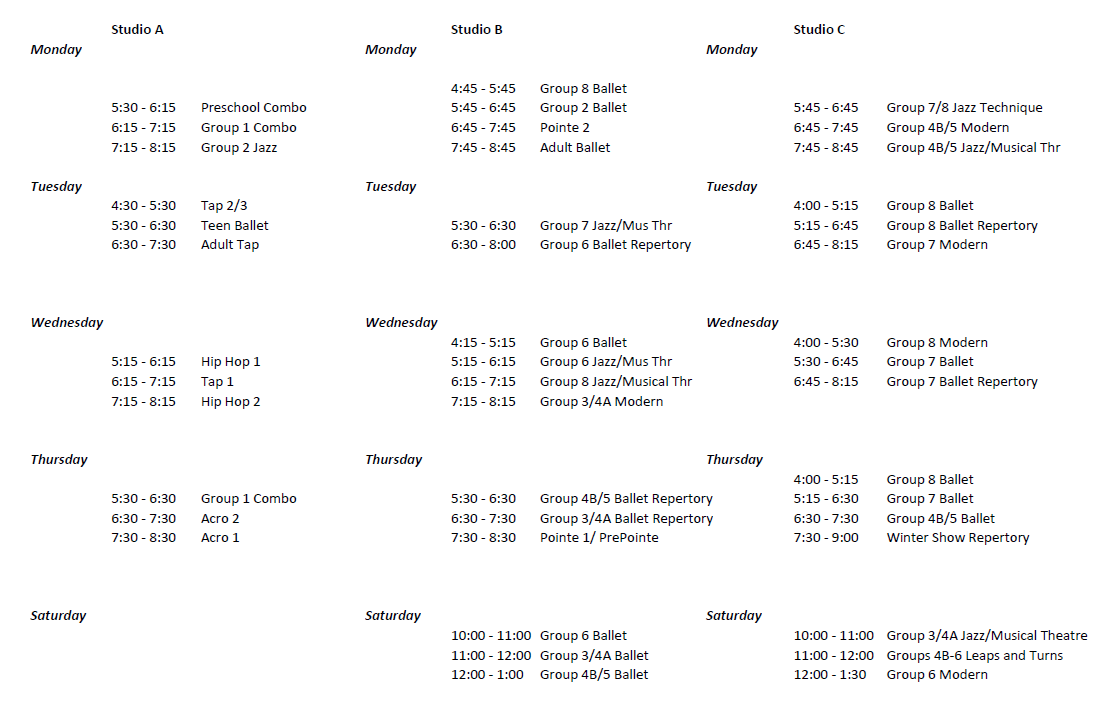 Dance class schedule with days of the week and times for various ballet and dance classes in three studios labeled A, B, and C.