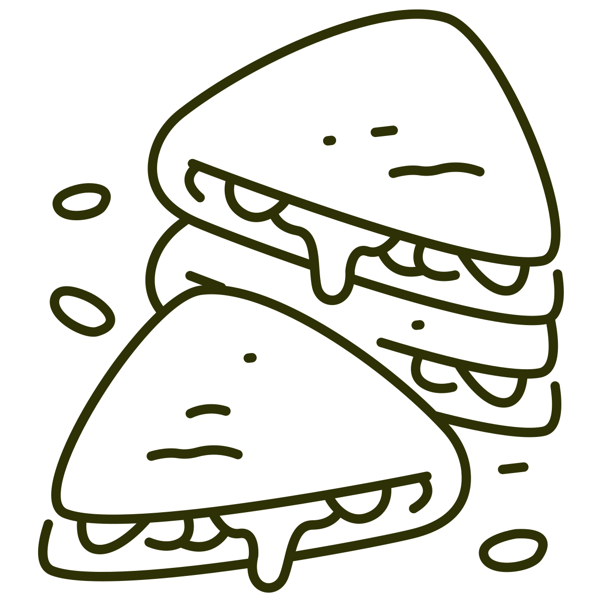 Line drawing of two tacos with cheese and toppings leaning against each other, with some scattered beans around.