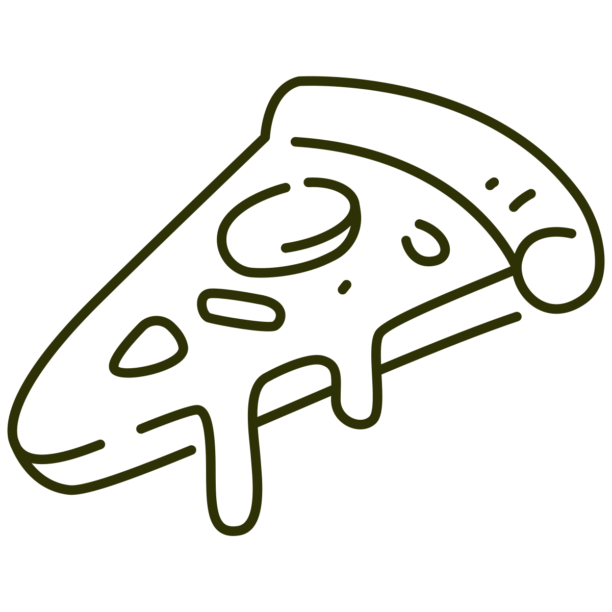 A line outline of a slice of pizza with cheese and toppings, dripping cheese.