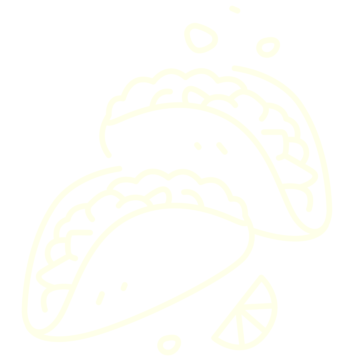 Outline of two tacos with lettuce, cheese, and meat, accompanied by a lemon wedge and a small circle, all on a black background.