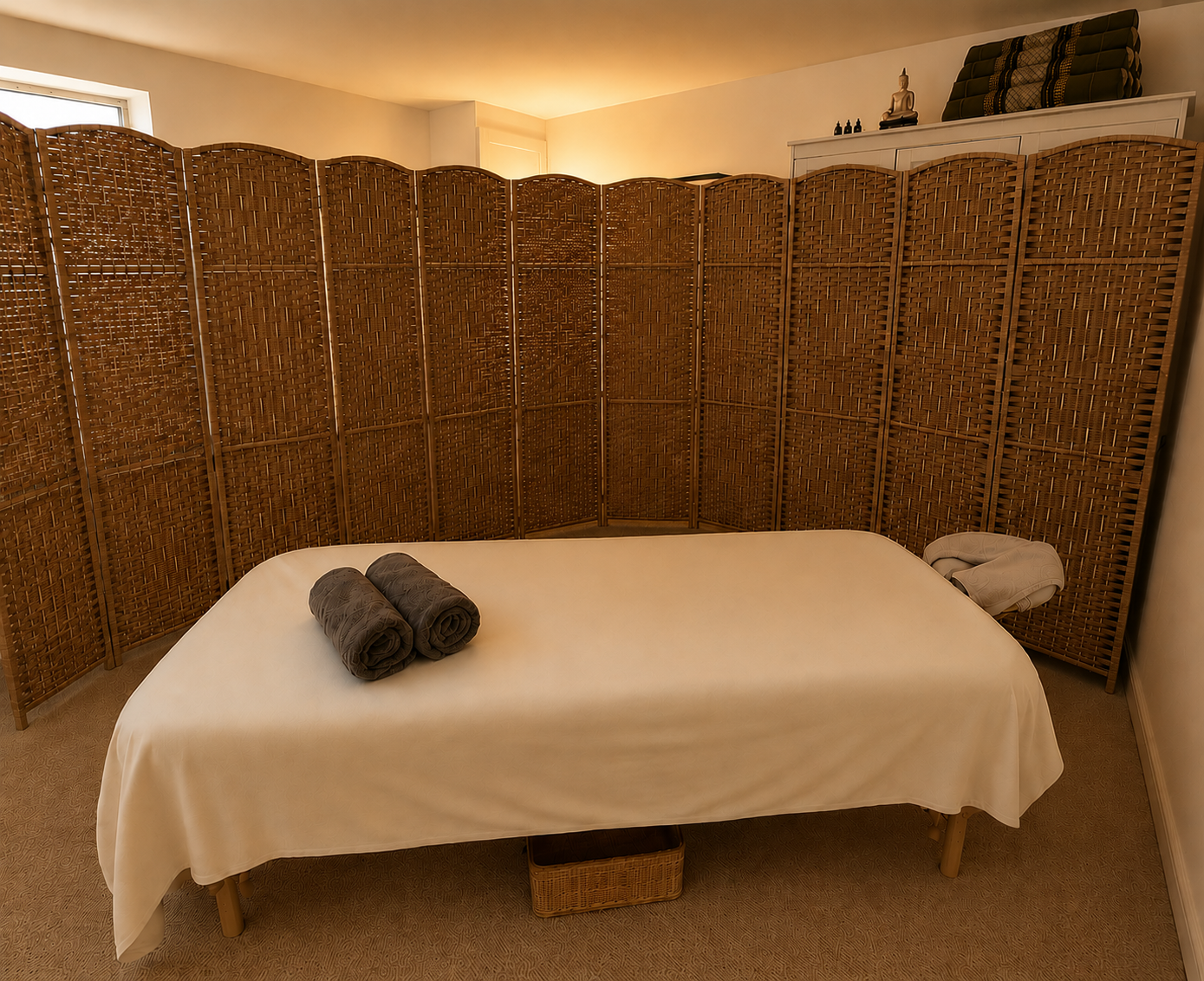 A massage room with a bed covered in a white sheet, two rolled dark towels on top, and a beige carpet. A bamboo privacy screen surrounds the bed and there is ambient lighting