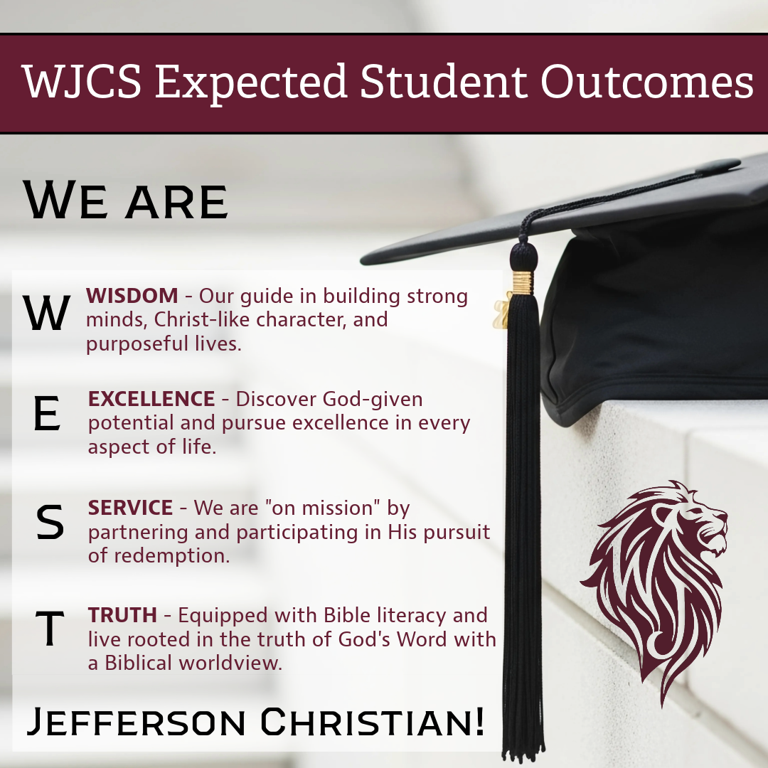 Poster titled 'WJCS Expected Student Outcomes' with a graduation cap, a lion logo, and text outlining the school's core values of wisdom, excellence, service, and truth, ending with 'Jefferson Christian!'