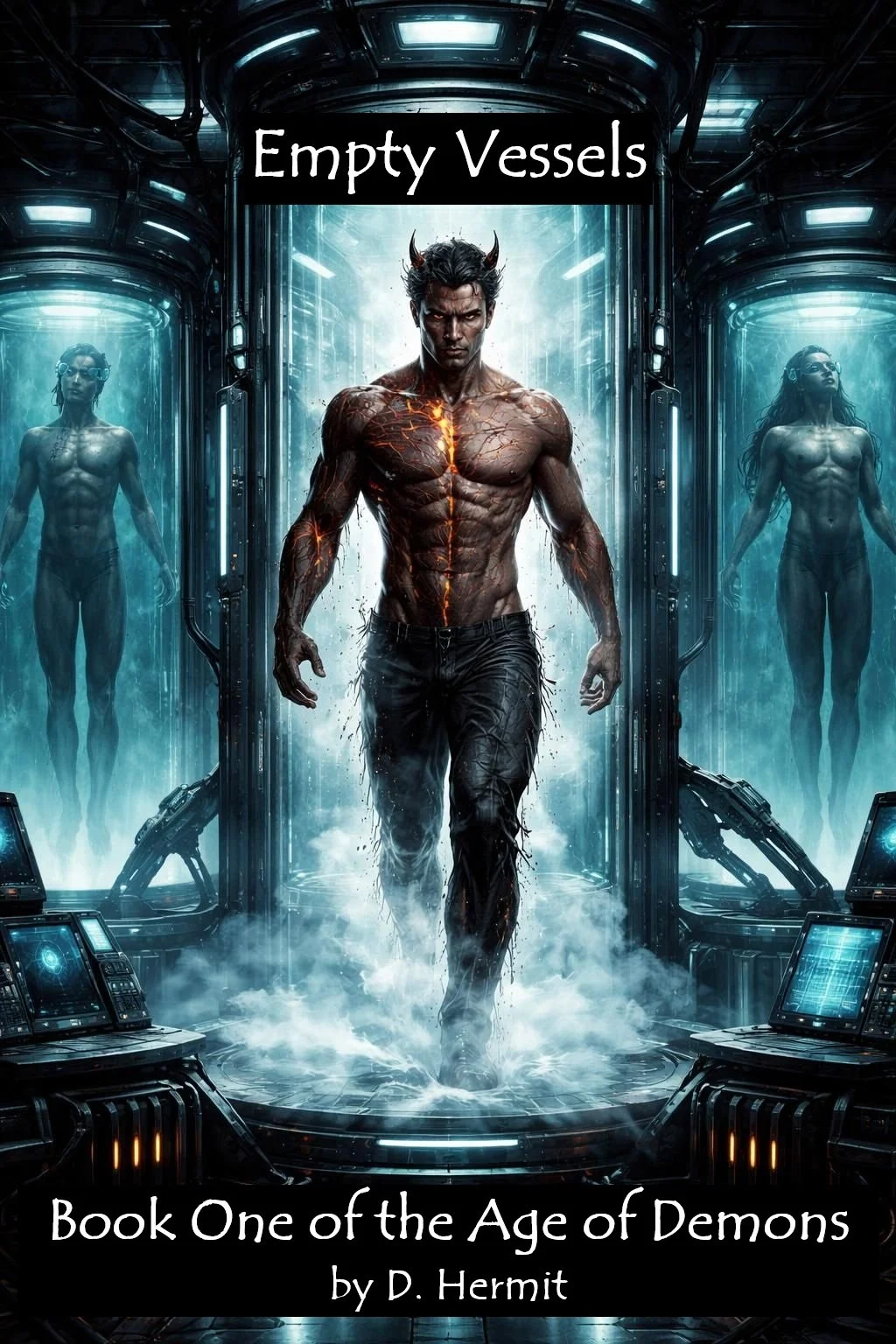 A digital illustration of a man with demon-like horns, running forward in a high-tech, sci-fi setting, flanked by two other similar women in glass chambers. The title "Empty Vessels" and the author "D. Hermit" are displayed.