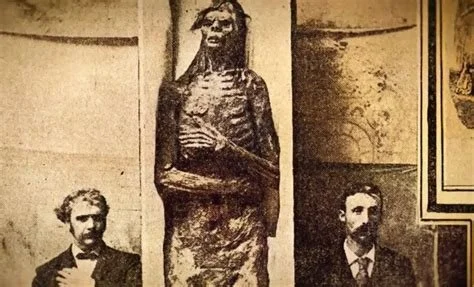 Historical photograph featuring a giant humanoid skeleton with a detailed face, wearing a garment, flanked by two men in suits. Newspaper photograph of Lovelock Cave giant skeleton. Associated with the novelette Better Left Buried by D. Hermit.