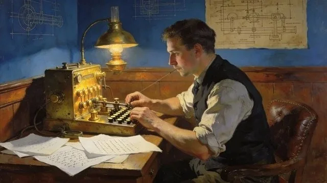 A man sitting at a desk operating a telegraph instrument just prior to the 1859 Carrington Event catastrophe. Illustration associated with the novelette titled What The Wire Carried by D. Hermit.