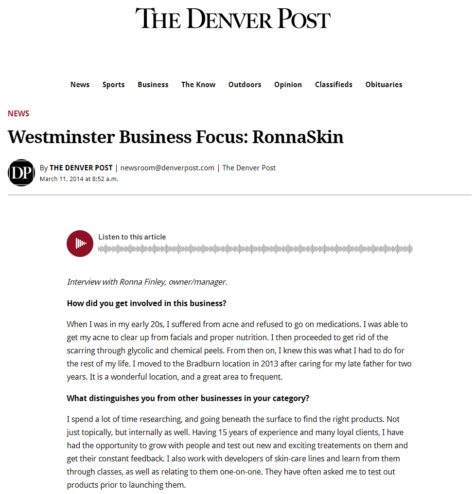 Screenshot of a news article titled 'Westminster Business Focus: RonnaSkin' from The Denver Post, dated March 11, 2014, featuring an interview with Ronna Finley about her skincare business.
