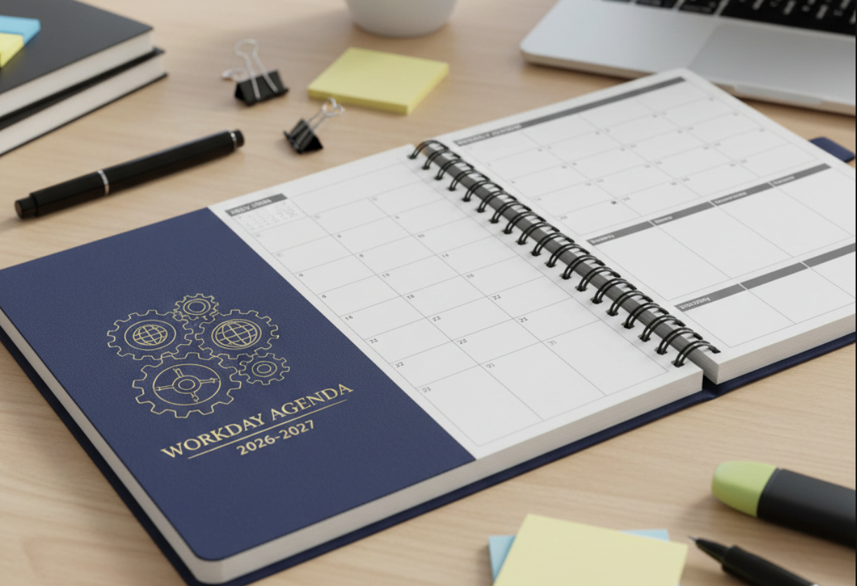 An open planner with a blue cover titled "Workday Agenda 2026-2027" and a calendar layout, on a wooden desk with various office supplies including pens, binder clips, sticky notes, and a laptop.
