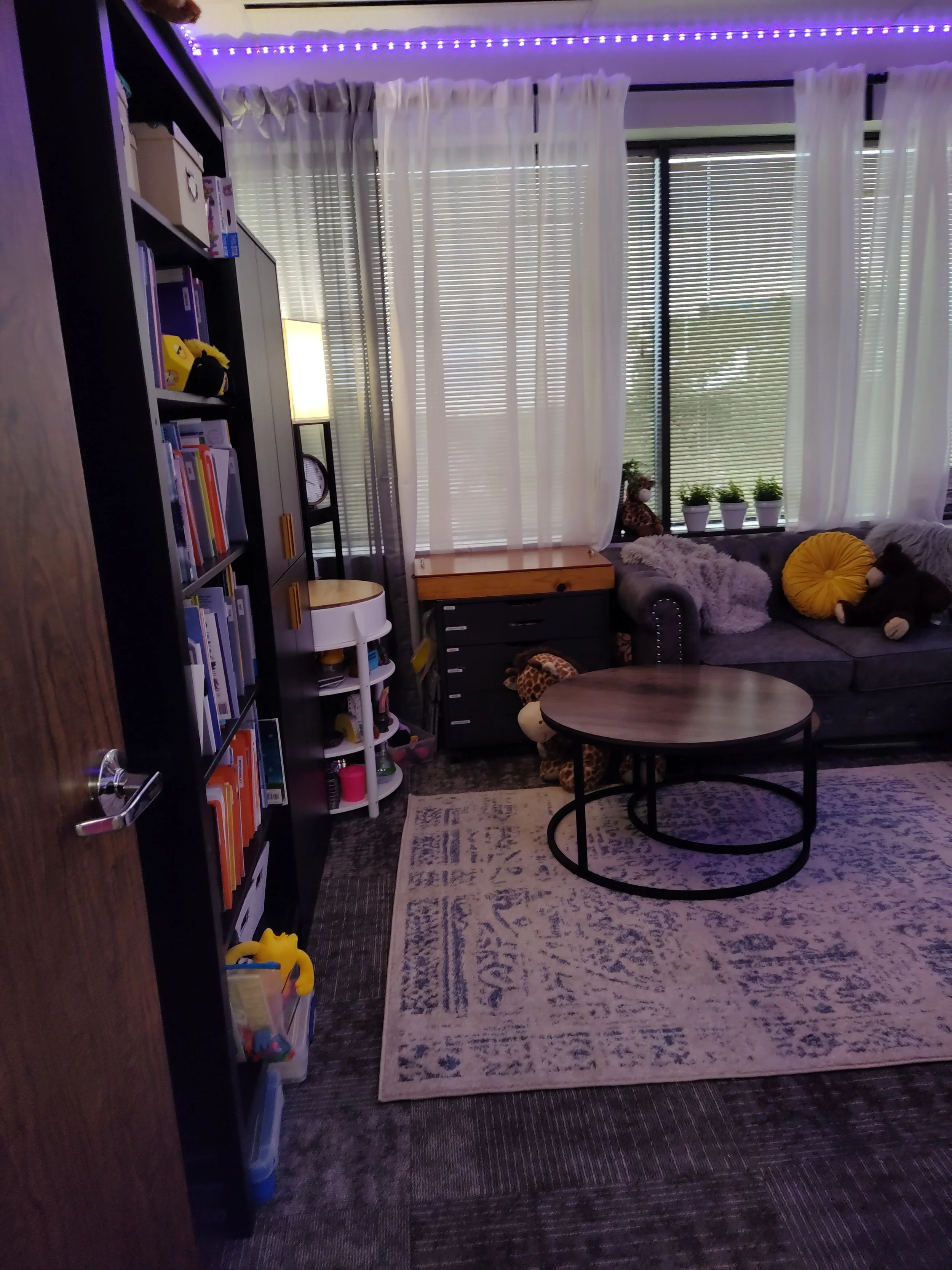 Living room with large windows covered by white curtains, a gray sofa with plush toys and pillows, a round wooden coffee table, a black bookshelf filled with books and toys, and a white lamp. Purple string lights run along the ceiling, and there is a patterned rug on the dark carpeted floor.