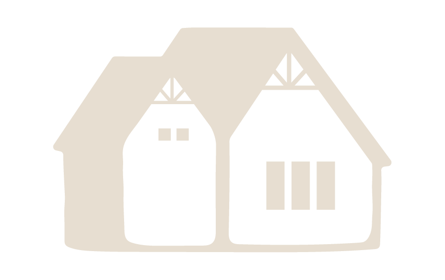 Silhouette of two houses side by side with pitched roofs and window details.
