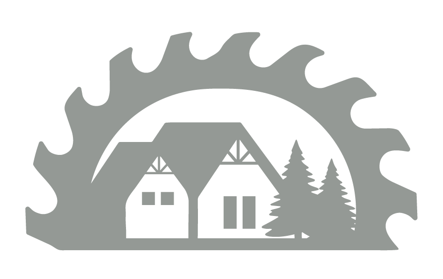 A circular saw blade with a silhouette of a house, trees, and mountains inside