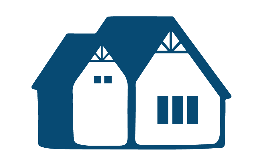 A stylized illustration of two connected houses with steep roofs, windows, and a prominent chimney in the center.