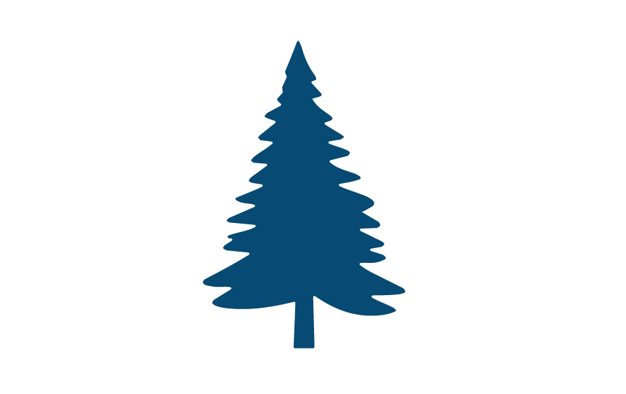 Graphic of a pine tree with the words "Happy Holidays" above it and "from all of us" below it.