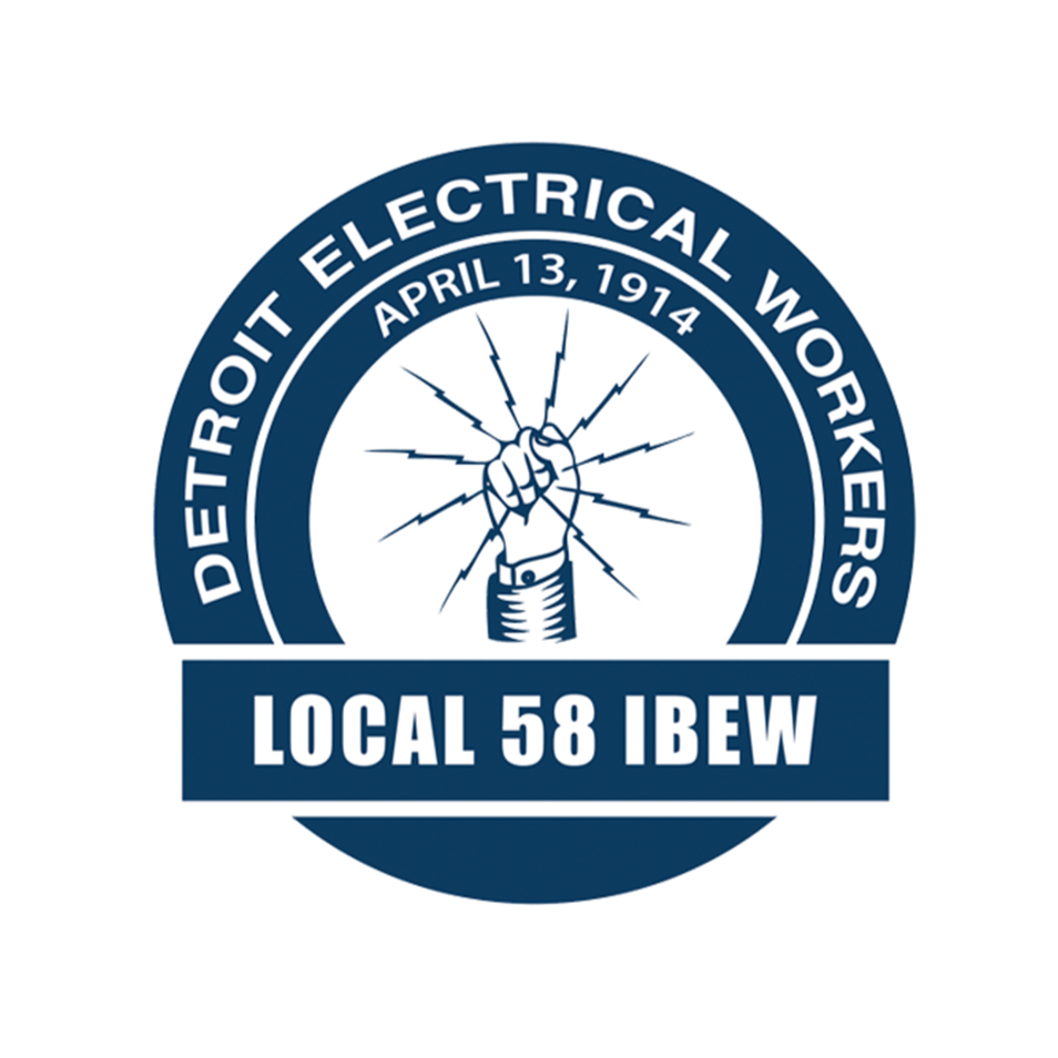 Logo of Detroit Electrical Workers, featuring a clenched fist with lightning bolts and the text 'Detroit Electrical Workers, April 13, 1914, Local 58 IBEW'.
