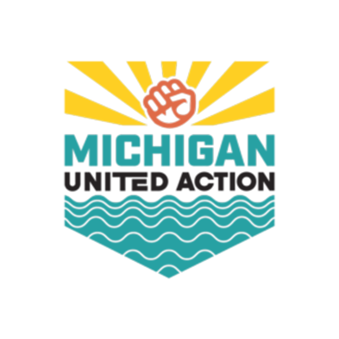 Logo for Michigan United Action featuring a raised fist, yellow sun rays, blue water waves, and bold text.
