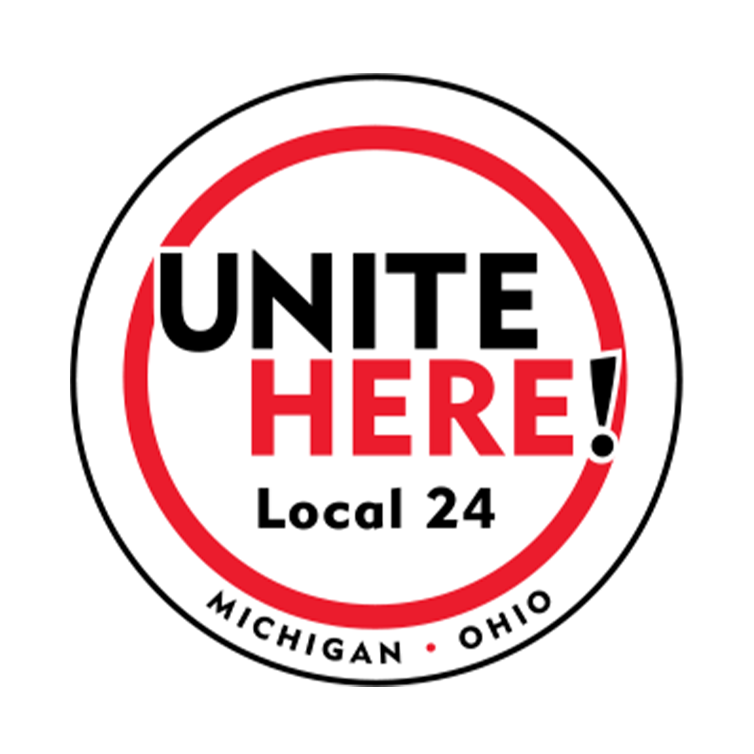 Circular sign with red, black, and white colors reading 'Unite Here! Local 24' with 'Michigan' and 'Ohio' listed at the bottom.