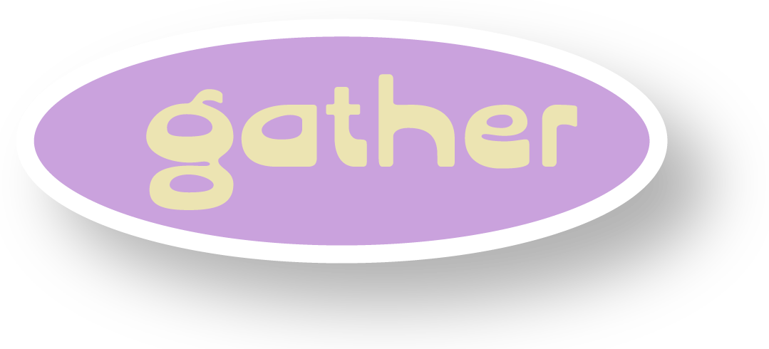 Pink and yellow sticker with the word "gather" inside a purple oval.
