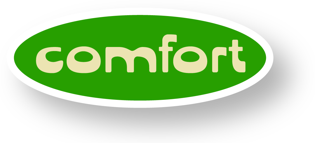 Logo with the word "comfort" in lowercase beige letters inside a green oval with white border on a black background.