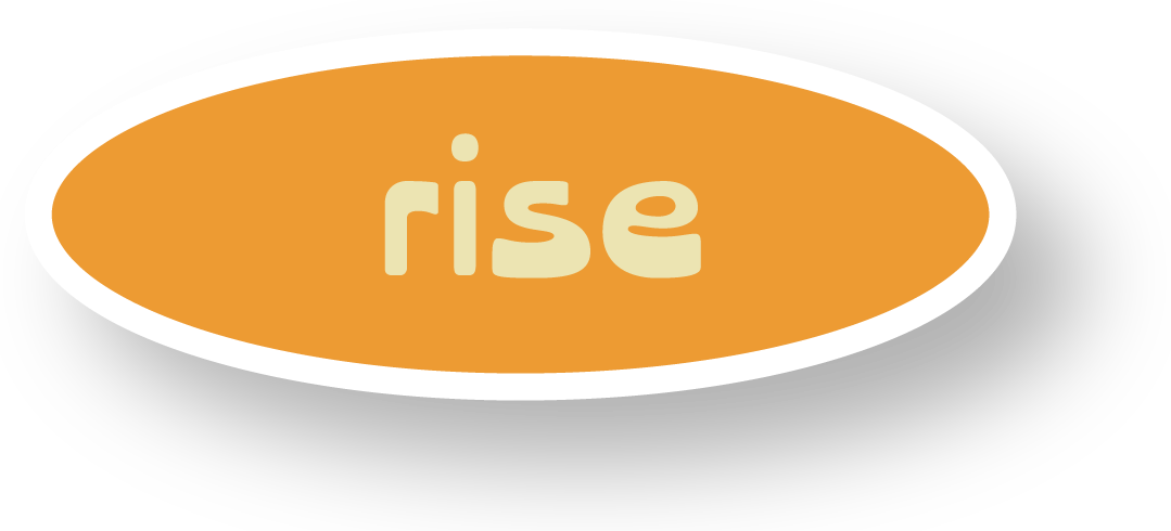 An oval label with an orange background and white border, featuring the word 'rise' in lowercase beige letters, with the 'e' flipped to the right.