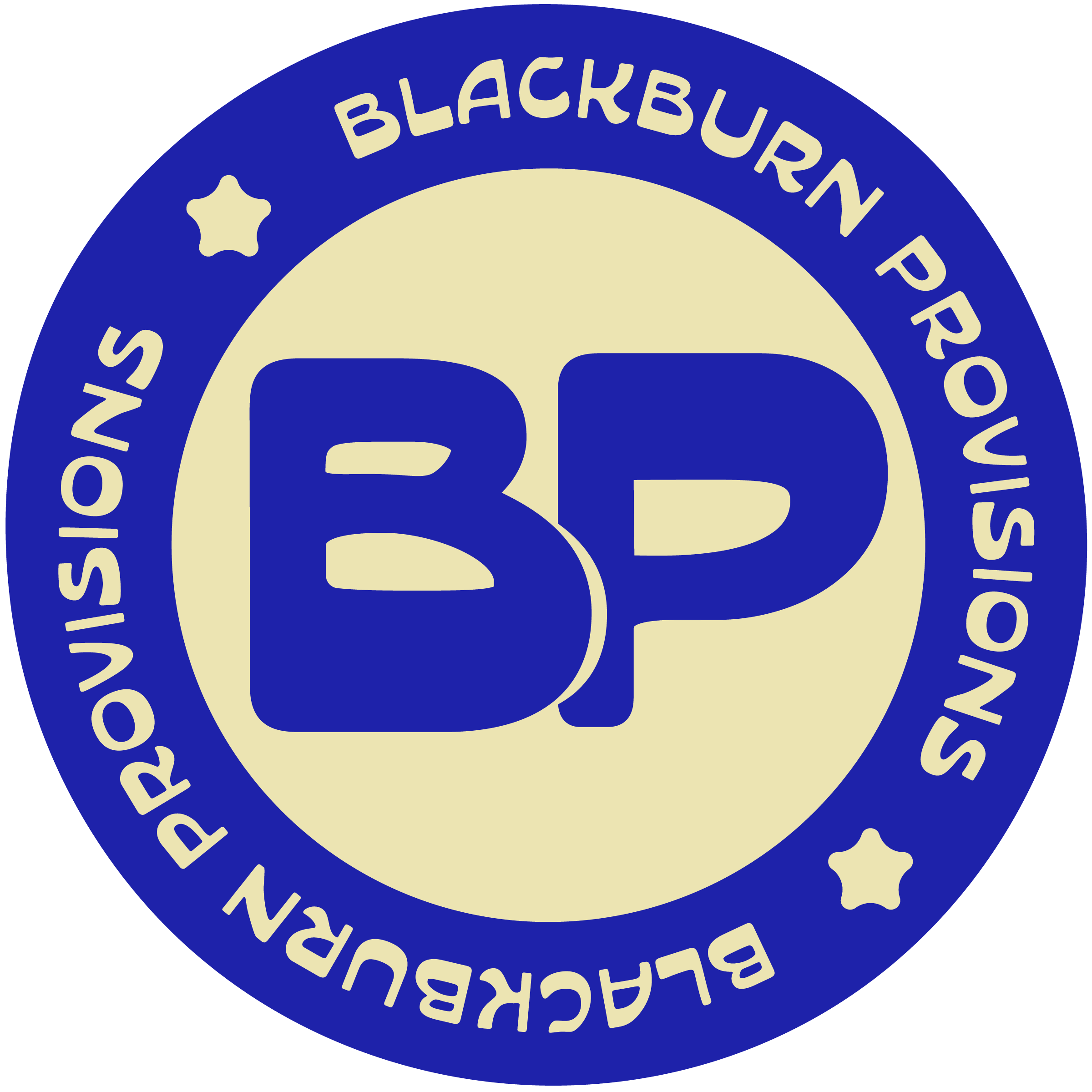 Close-up of a circular badge with a beige background, blue outer ring, and text reading 'BLACKBURN PR' and 'SUPPORT YOUR' in capital letters, along with a small star and a gear icon.