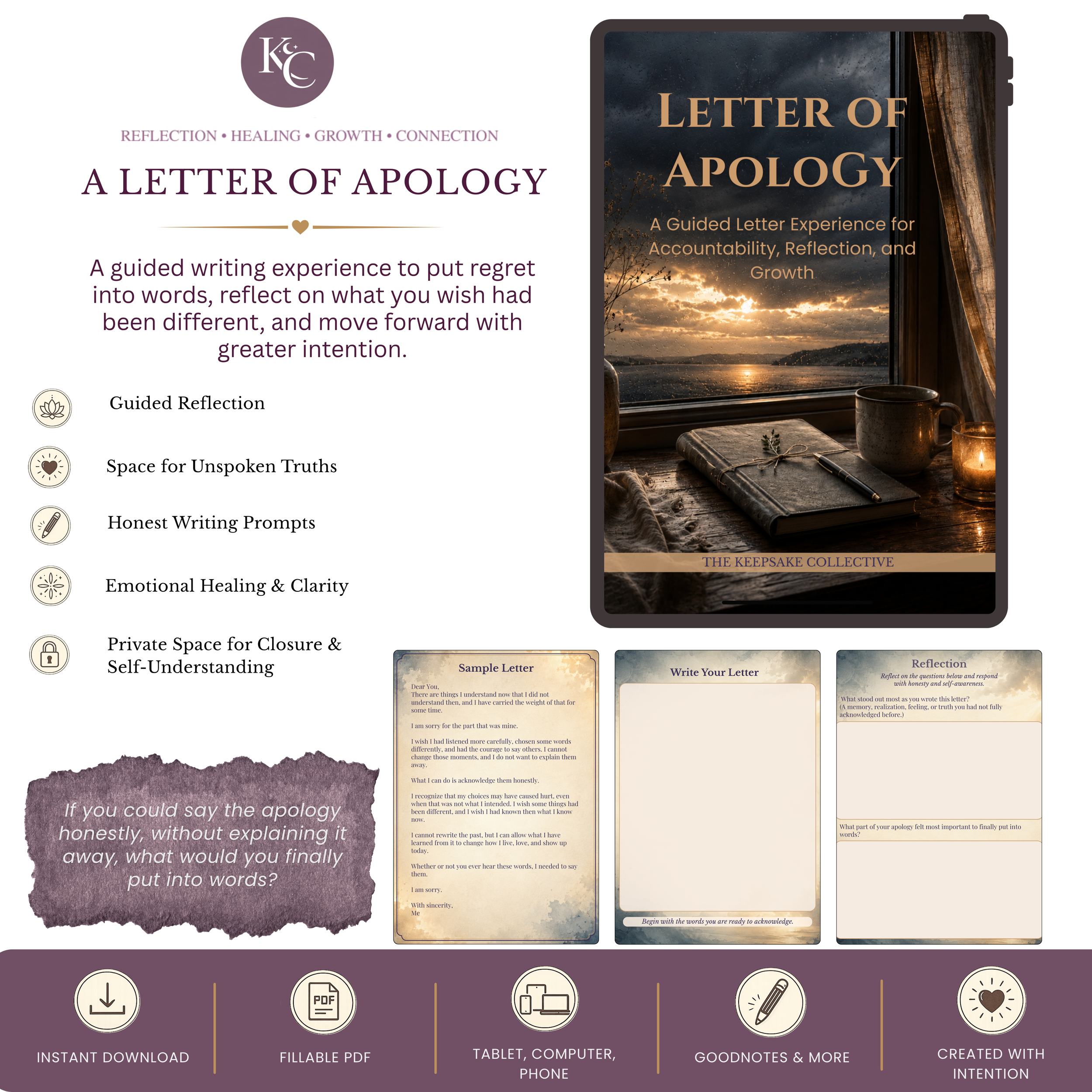 A Letter of Apology guided letter experience by The Keepsake Collective, featuring the journal cover, sample letter, writing page, and reflection prompts for accountability, regret, honest self-reflection, and personal growth.